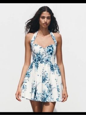 Zara White Halter Dress with Blue Floral Accents
